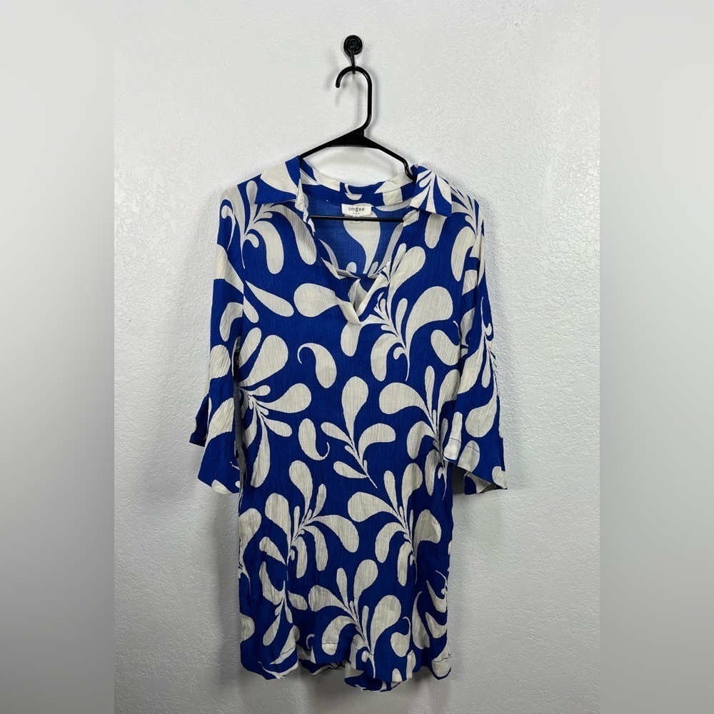 Umgee Blue White Mini Dress Bell Sleeves Sz L Retro Pattern Bohemian TC0253